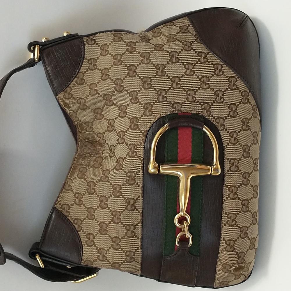 💯 Authentic GUCCI Brown and Cream GG Monogram Canvas Shoulder Bag - Picture 4 of 16